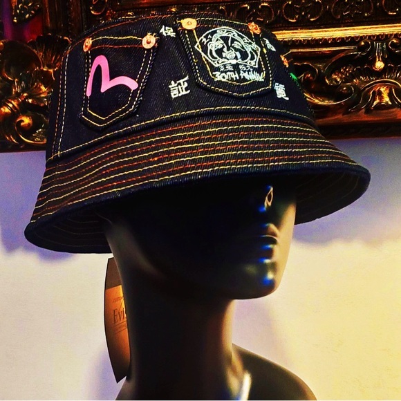 Evisu Accessories - Evisu Multi-color Bucket Hat Embroidered Print Multi-Pockets Denim NWT w Bag